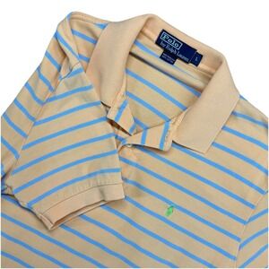 RALPH LAUREN Polo Mens Shirt Large Peach Blue‎ Striped Short Sleeve Cotton